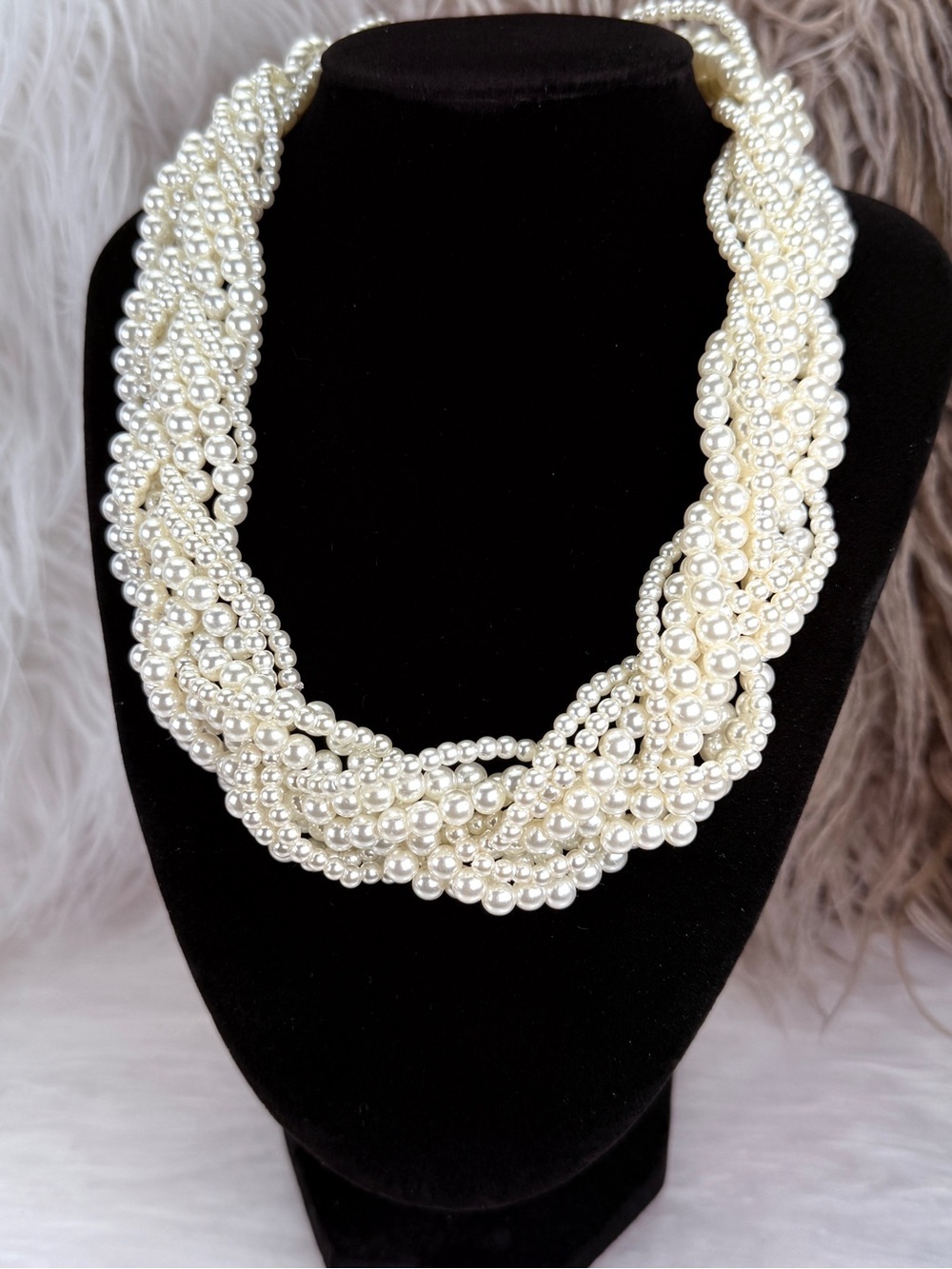 Creamy White Multi Strand Twisted Bead Statement Necklace Bridal Glam